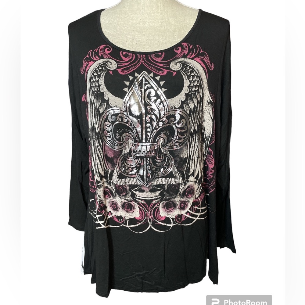 Sugar High Black Winged Fur de Lis and White Sheer Cross Back Shirt
